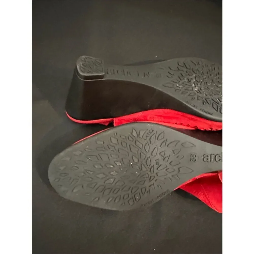 Arche Red Suede Leather Laser-Cut Peep-Toe Slingback Wedges Size 38